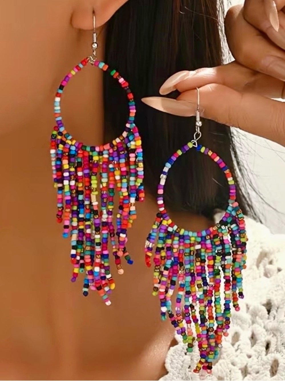 Multicolor Handmade Beads Tassel Boho Fringe Hoop Earrings